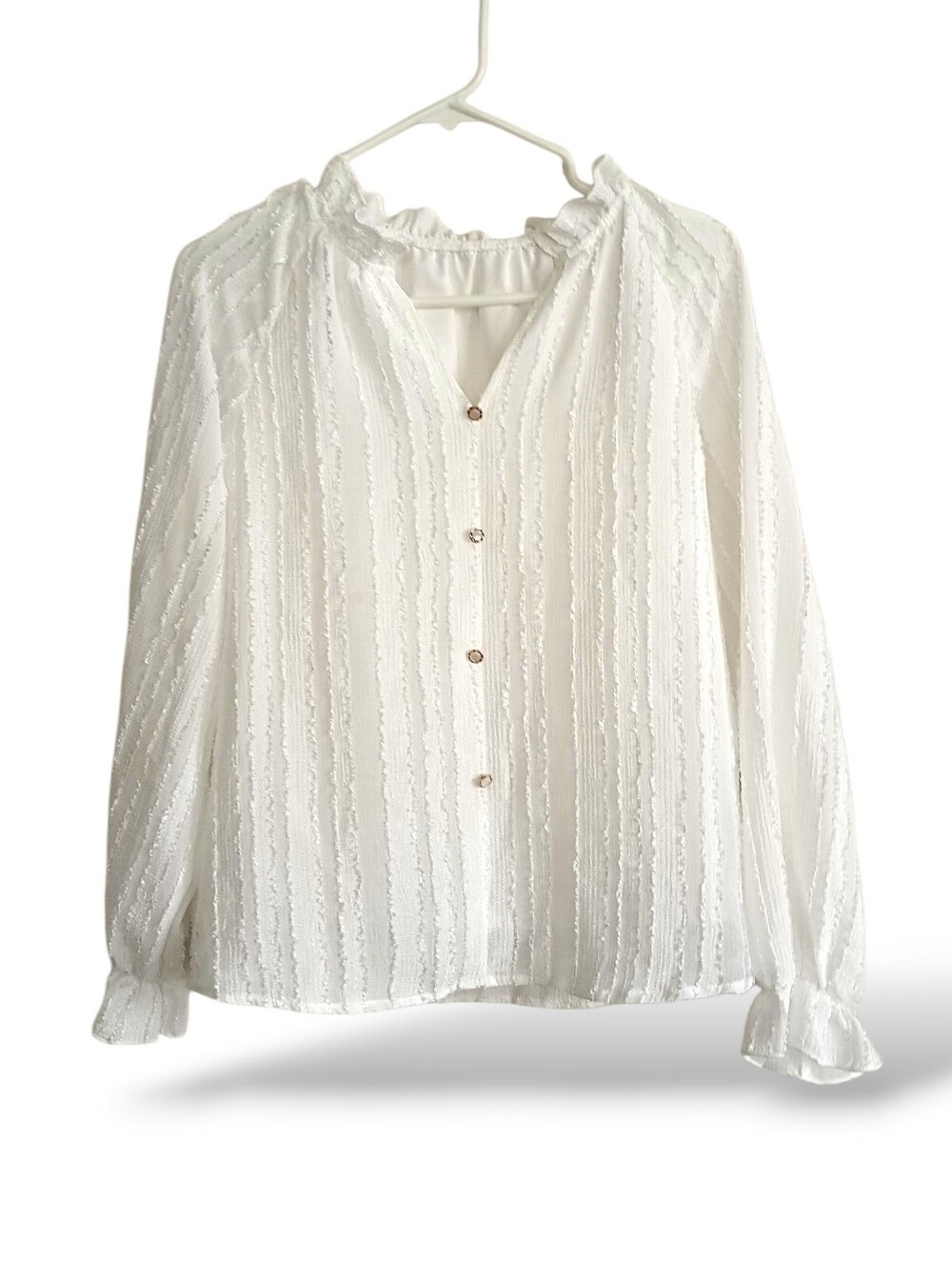 White Ruffle Texture Neck Button Down Blouse Flowy Oversized Femme Ruched Stripe